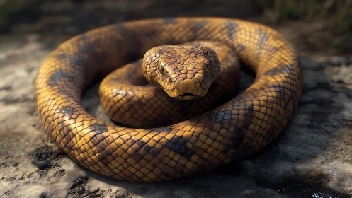 Coiled golden serpent studies the world from a sunlit knot
