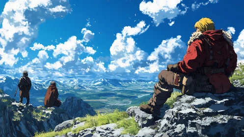 Three figures observe expansive mountain plain under clouds