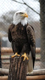 Bald eagle on wooden perch within enclosed outdoor habitat.