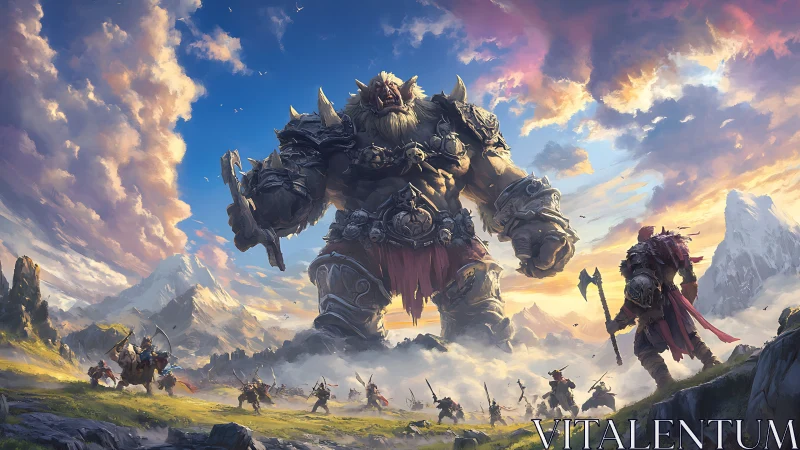 Giant armored warlord faces army in wide fantasy valley.