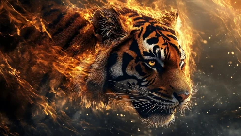 Fiery tiger portrait ignites darkness with blazing intensity.