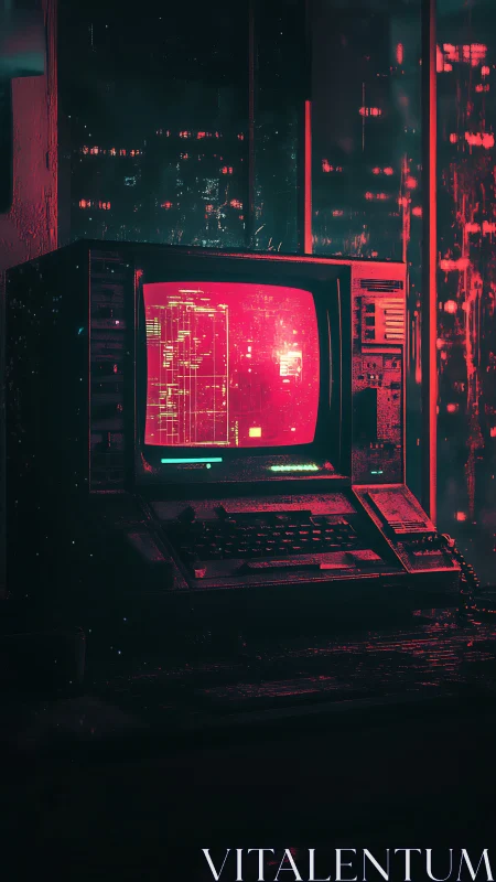 Retro neon terminal glowing in a rainy cyberpunk night.