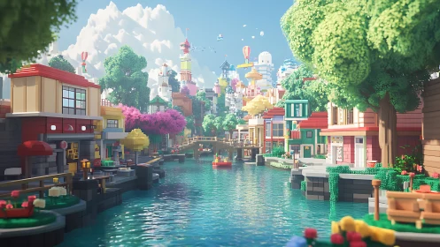 Voxel canal town extends toward clustered central towers