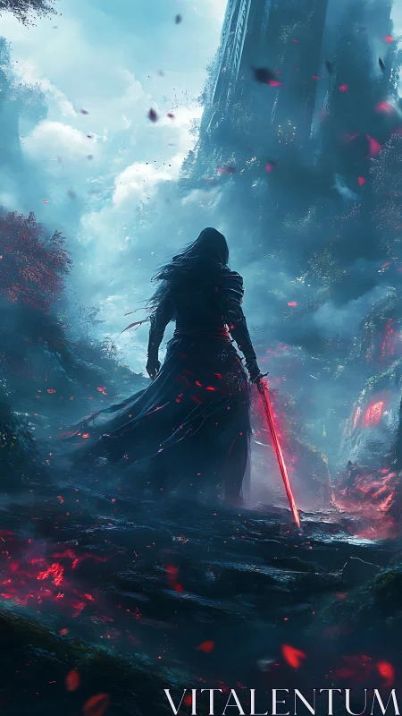 Dark cloaked warrior with red energy sword in misty gorge.