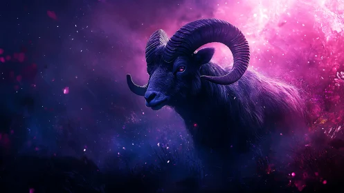 Horned mountain goat in saturated purple light field.