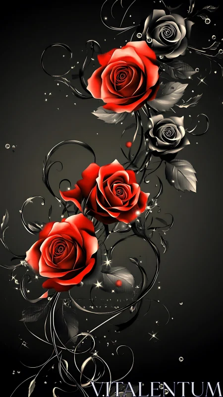 Red and gray roses arranged on dark background.