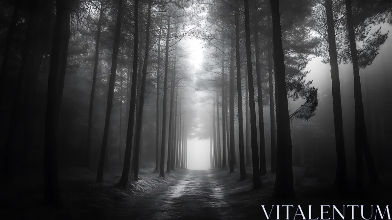 Monochromatic Forest Corridor: Vanishing Point Perspective.
