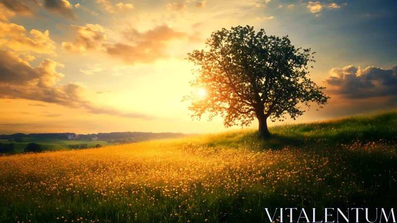 Single tree stands on grassy hill under low sun at horizon