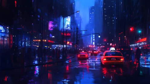 Rain-soaked city street with taxis under neon night lighting.