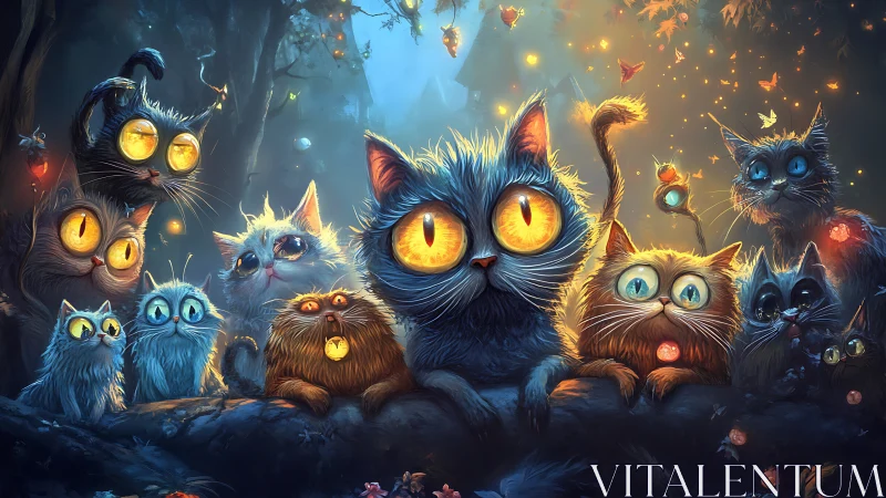 Magical Cats with Glowing Eyes in Enchanted Forest.