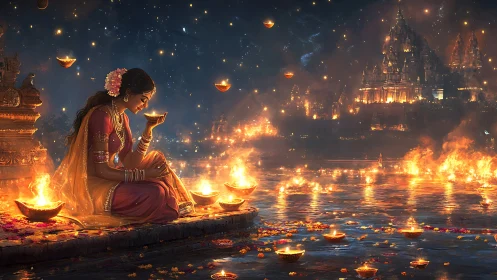 Diwali riverbank with devotional woman, oil lamps, temple lights