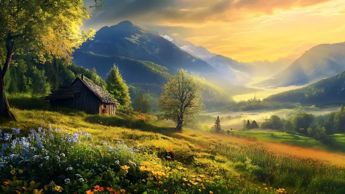 Sunlit Alpine meadow valley with rustic timber cabin at dawn.
