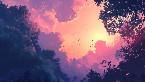 Backlit forest canopy silhouettes against volumetric sunset clouds