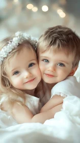 Sweet Siblings in White: A Tender Moment Between Two.