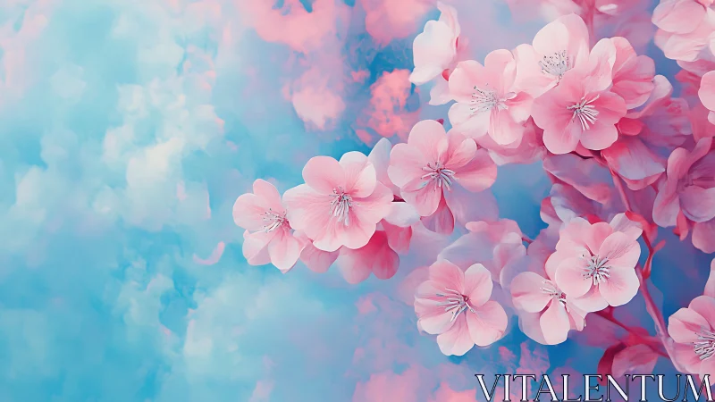 Pink Cherry Blossoms Against Dreamy Blue Sky.