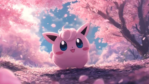Cute pink creature smiles under dreamy cherry blossoms