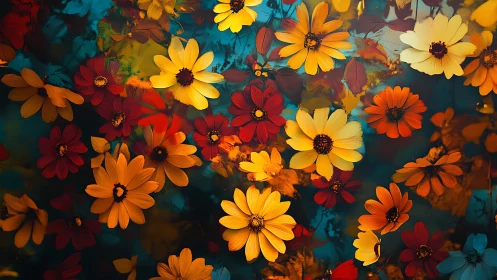 Composite Floral Arrangement with Yellow, Red, Orange Daisies