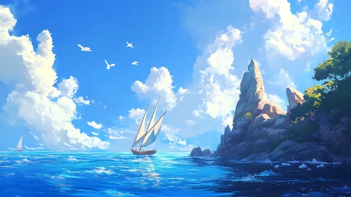 Coastal sailing vessel under radiant cumulus sky at midday.