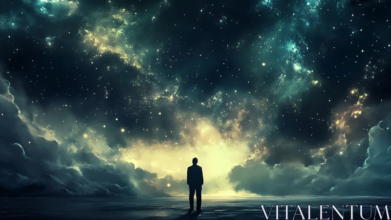 Solitary figure contemplates luminous cosmic sky portal