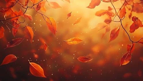 Golden autumn leaves drift softly through warm light.