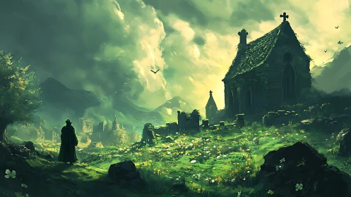 Cloaked wanderer near mossy chapel in misty valley twilight.