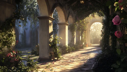 Sunlit vine-covered cloister walkway in digital painting style.