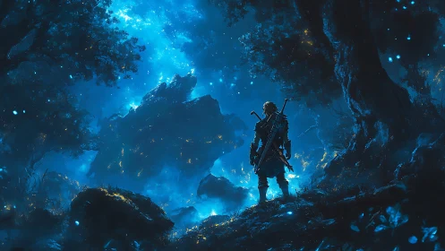 Lone swordsman surveys bioluminescent forest abyss at night.