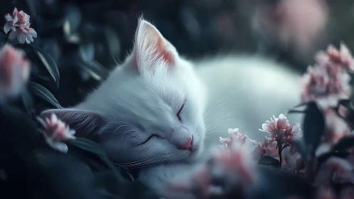 White Feline with Closed Eyes Among Pink Flowering Plants