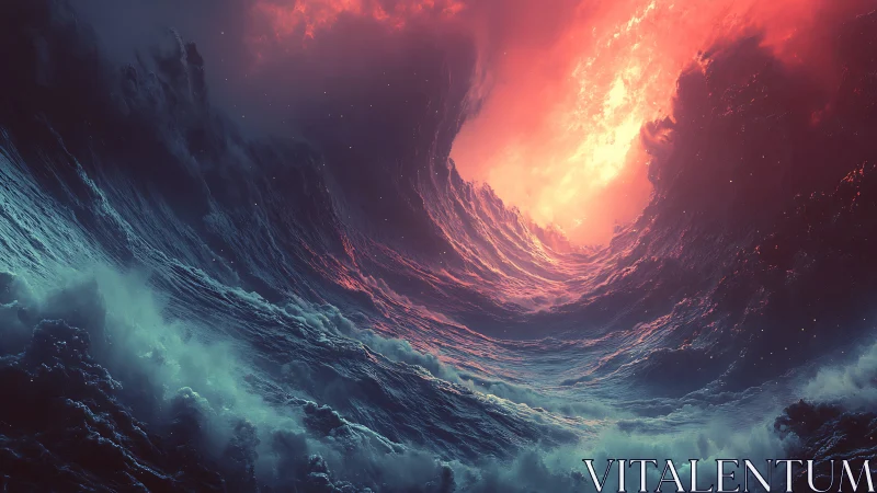 Infernal tide rises beneath a burning ocean sky vortex.