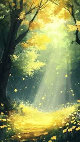 Digital painting of sunlit forest path with luminous foliage.