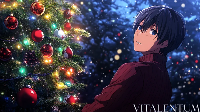 Smiling boy admires illuminated outdoor Christmas tree