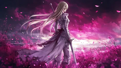 Anime knight stands in pink flower field at sunset sky.