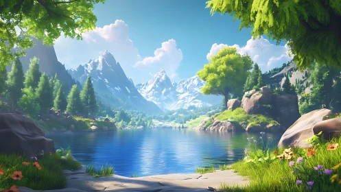 Mountain lake valley under vivid summer daylight glow.