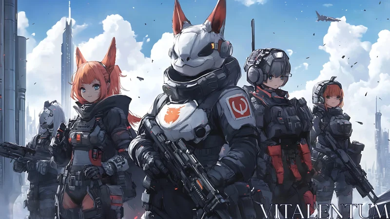 Futuristic fox-helm squad in armored exosuits over skyline.