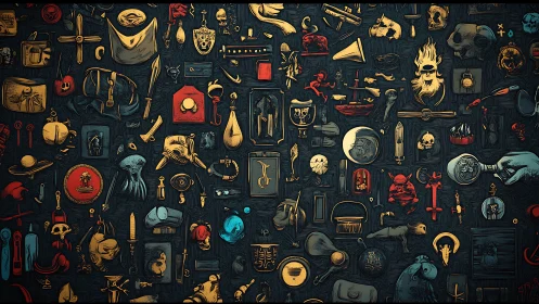 Cabinet of occult curiosities scattered across midnight walls.