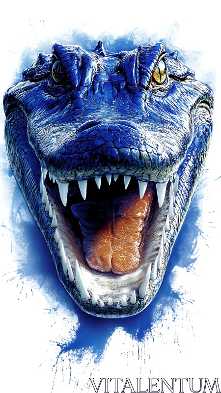 Blue reptile head roars with bared fangs on white background