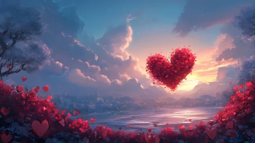 Digital rendering depicting a massive heart suspended in atmospheric clouds