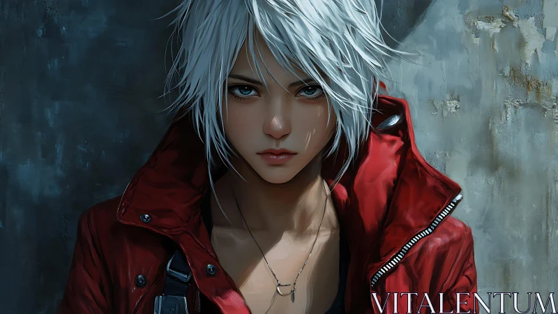 White-haired urban rebel in red jacket, moody wall backdrop.
