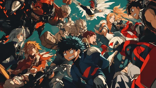 Clashing heroes and monsters freeze in a swirling battle halo