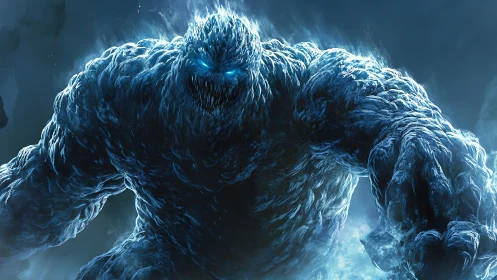 Glacial elemental titan with bioluminescent eyes lunging forward