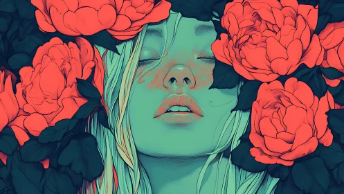 Dreamy teal portrait rests among bold blooming peonies