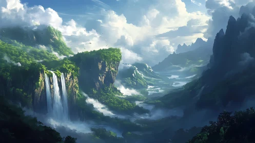 Dreamy emerald valley with misty cliffs and waterfalls.