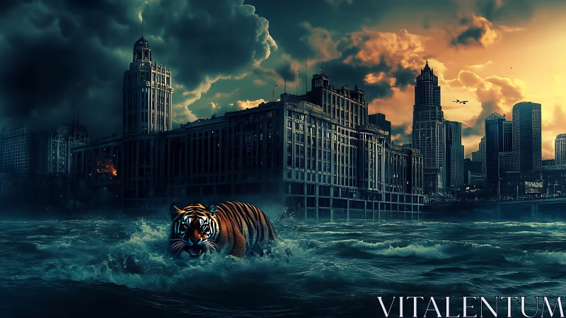 Tiger crossing flooded river before stormy city skyline.