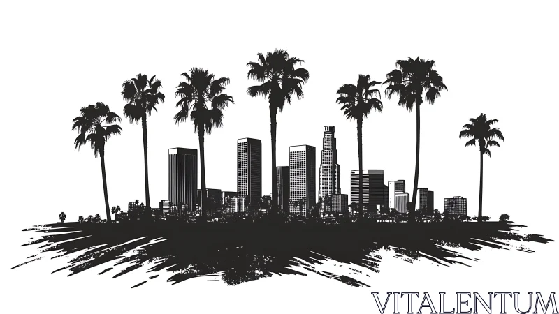 Palm-framed city skyline drawn with bold inked energy.