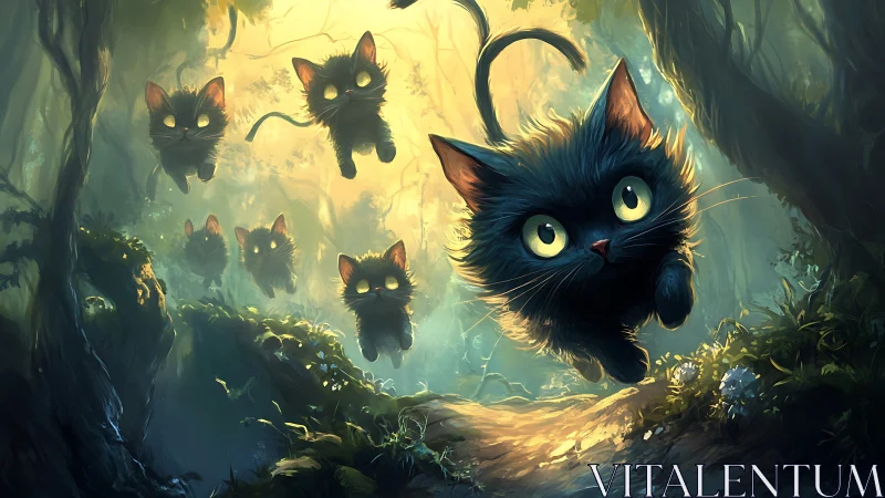 Ethereal Black Cats in Enchanted Forest Illuminated by Golden Ethereal Light
