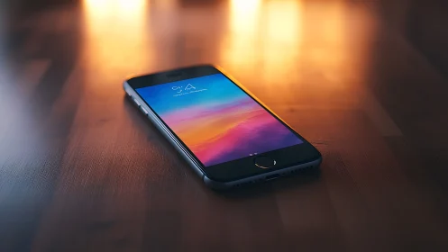 Smartphone with gradient display on wooden surface under warm lighting.