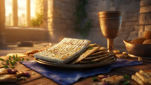 Ancient stone table with unleavened flatbread and engraved chalice under warm rim lighting