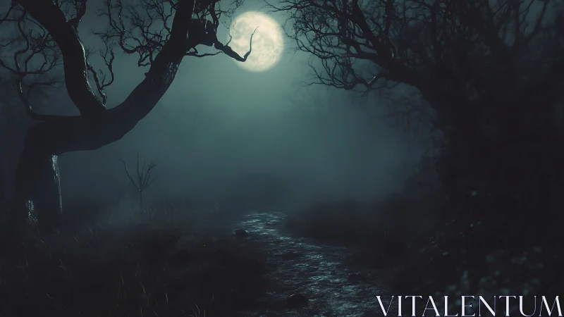 Moonlit misty forest path under twisted bare trees.