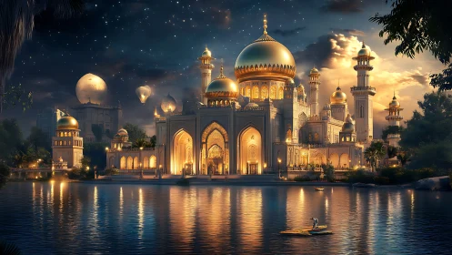 Starlit golden domed palace mirrored on tranquil lake.