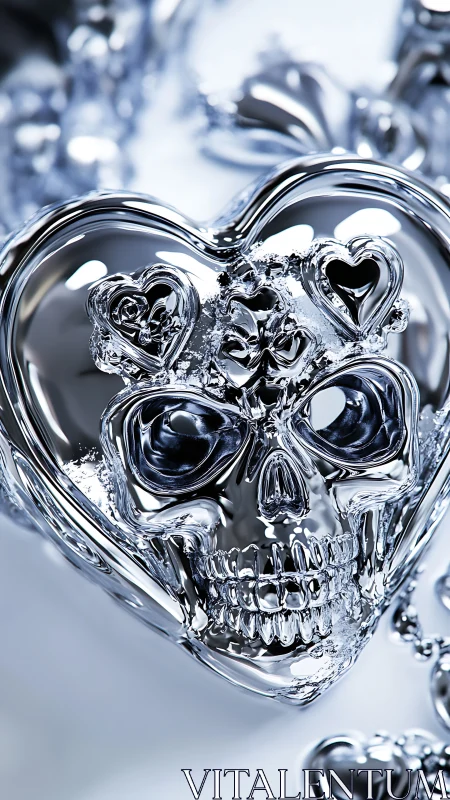 Chrome heart-skull fusion in reflective 3D sculptural rendering.